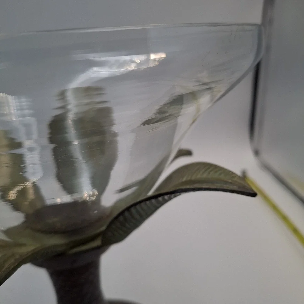 Vintage Brass Palm Tree Glass Compote Bowl Centerpiece Hollywood Regency 80s